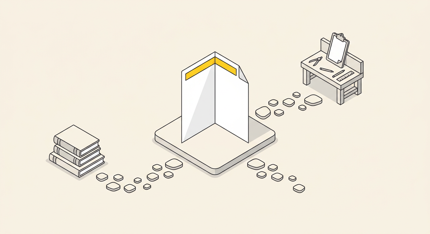 Illustration of one document on a tile, with one path of stepping stones leading to a stack of books and another to a workbench with a clipboard.
